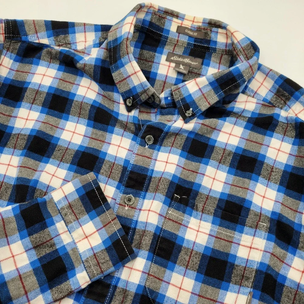 Eddie Bauer Mens XL Tall Blue Plaid Flannel Shirt Classic Fit Cotton Button Down